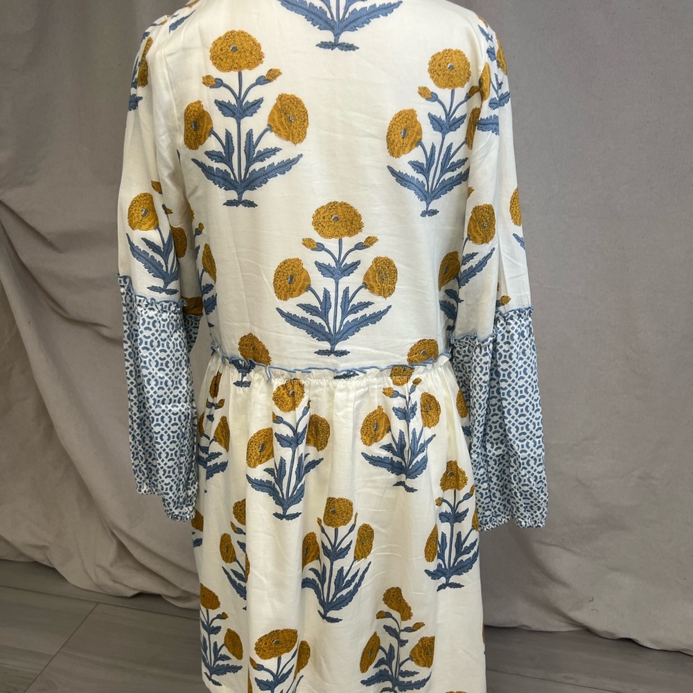 Pink Chicken Midi Dress Cream Blue Yellow Floral Print Sz S Cottagecore Boho - Picture 3 of 6